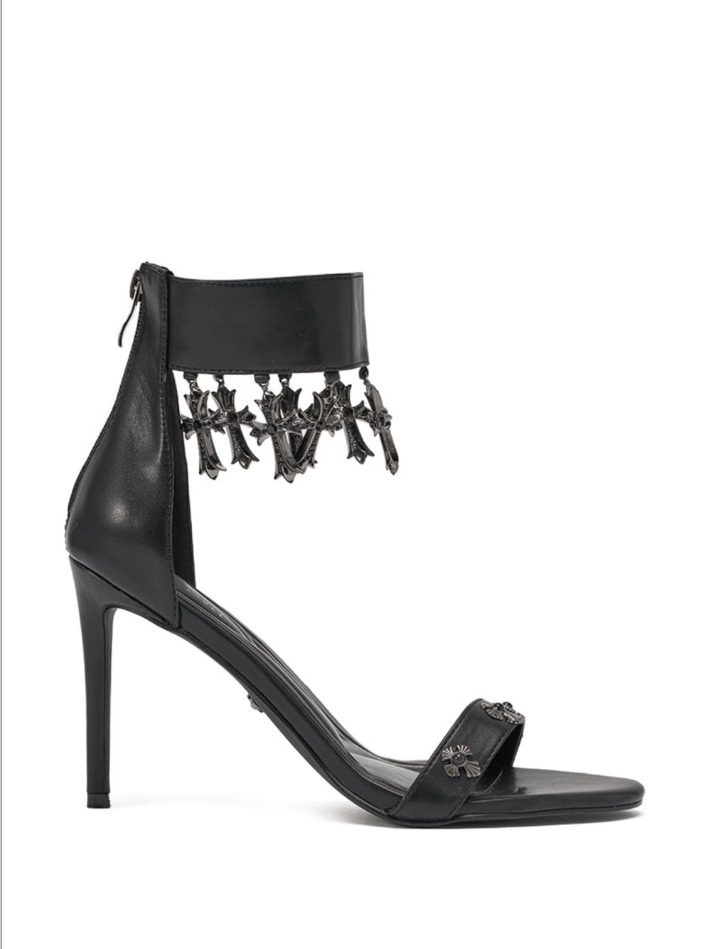 Black High Heel Ankle-Strap Sandal with Decorative Charms